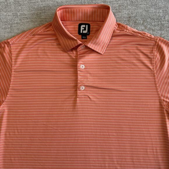 FootJoy Mens L Golf Polo Shirt Performance Orange Ivory Stripe Short Sleeve - Picture 3 of 5